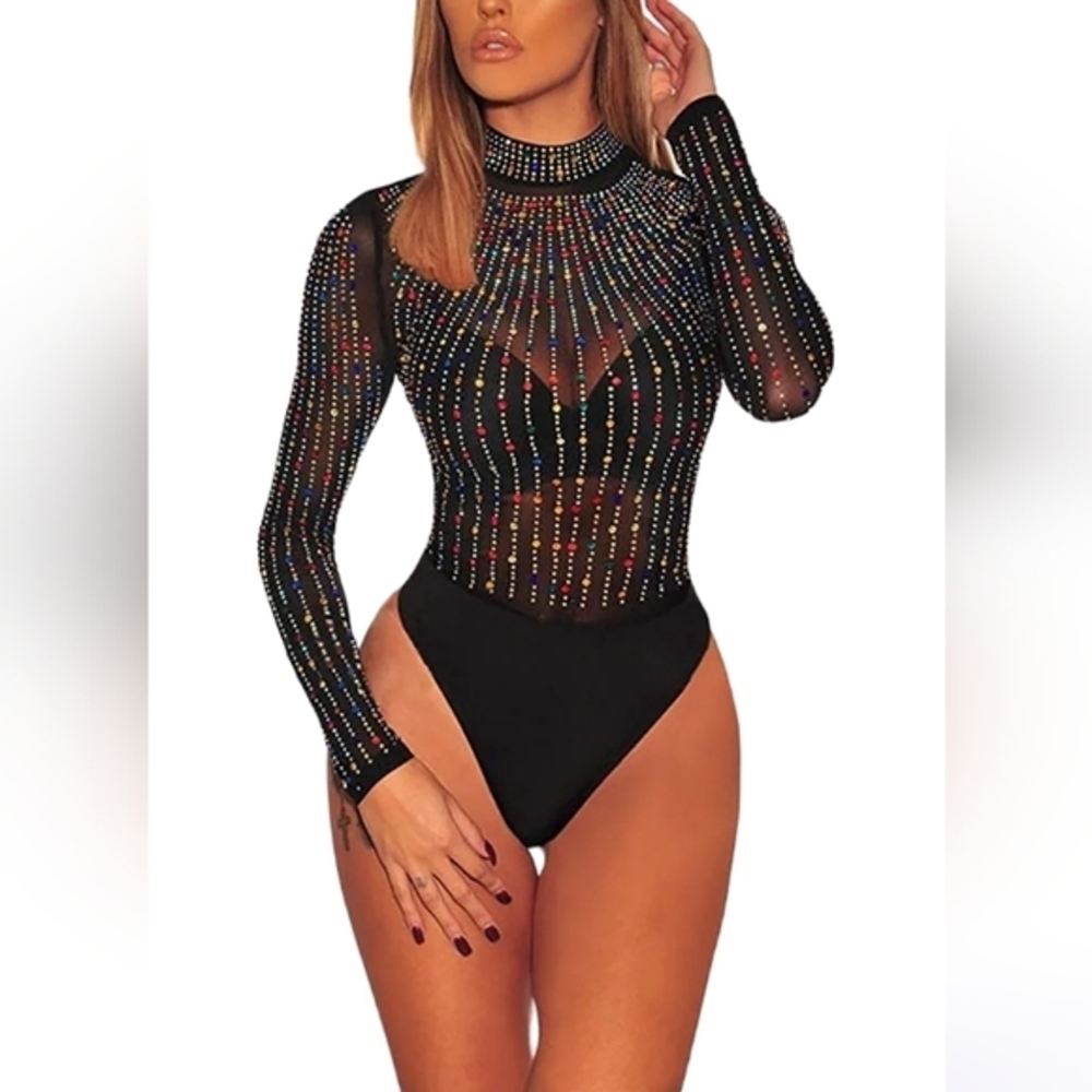 Lrady Women's Sheer Mesh Crew Neck Bodysuit